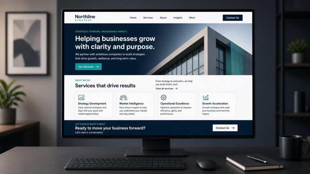 Desktop monitor showing a structured business website interface